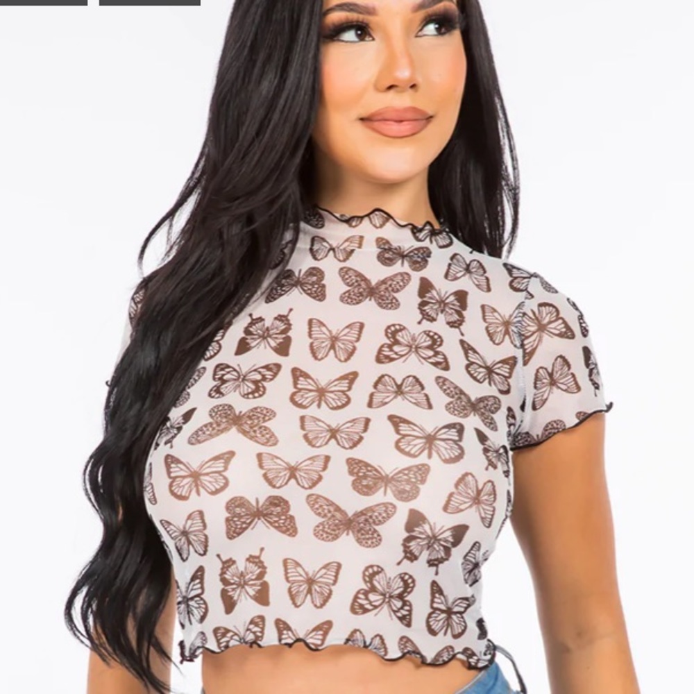 Butterfly Mesh Mock Neck Shirt